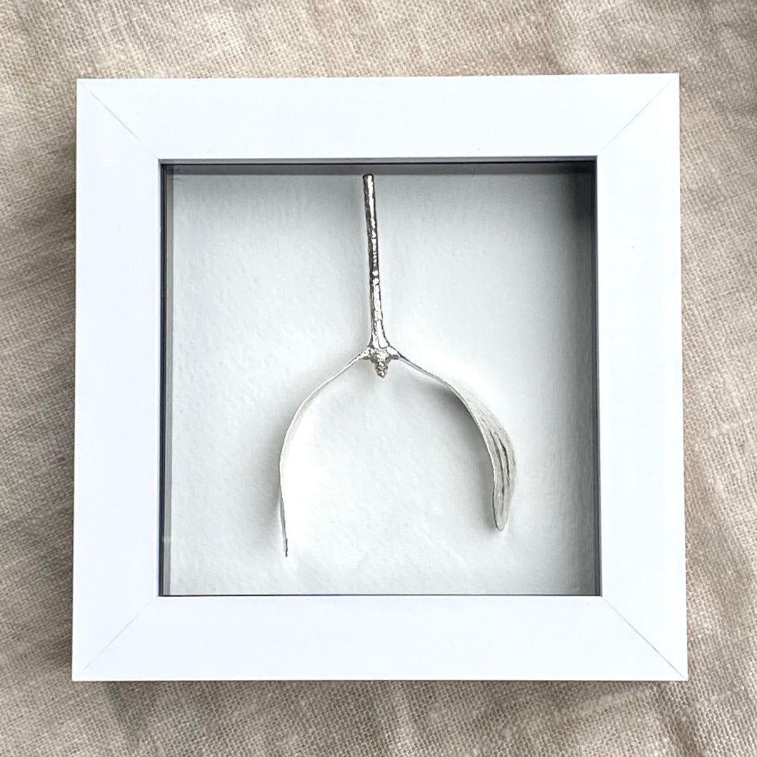 Mistletoe Kisses - Silver mistletoe in white shadow box